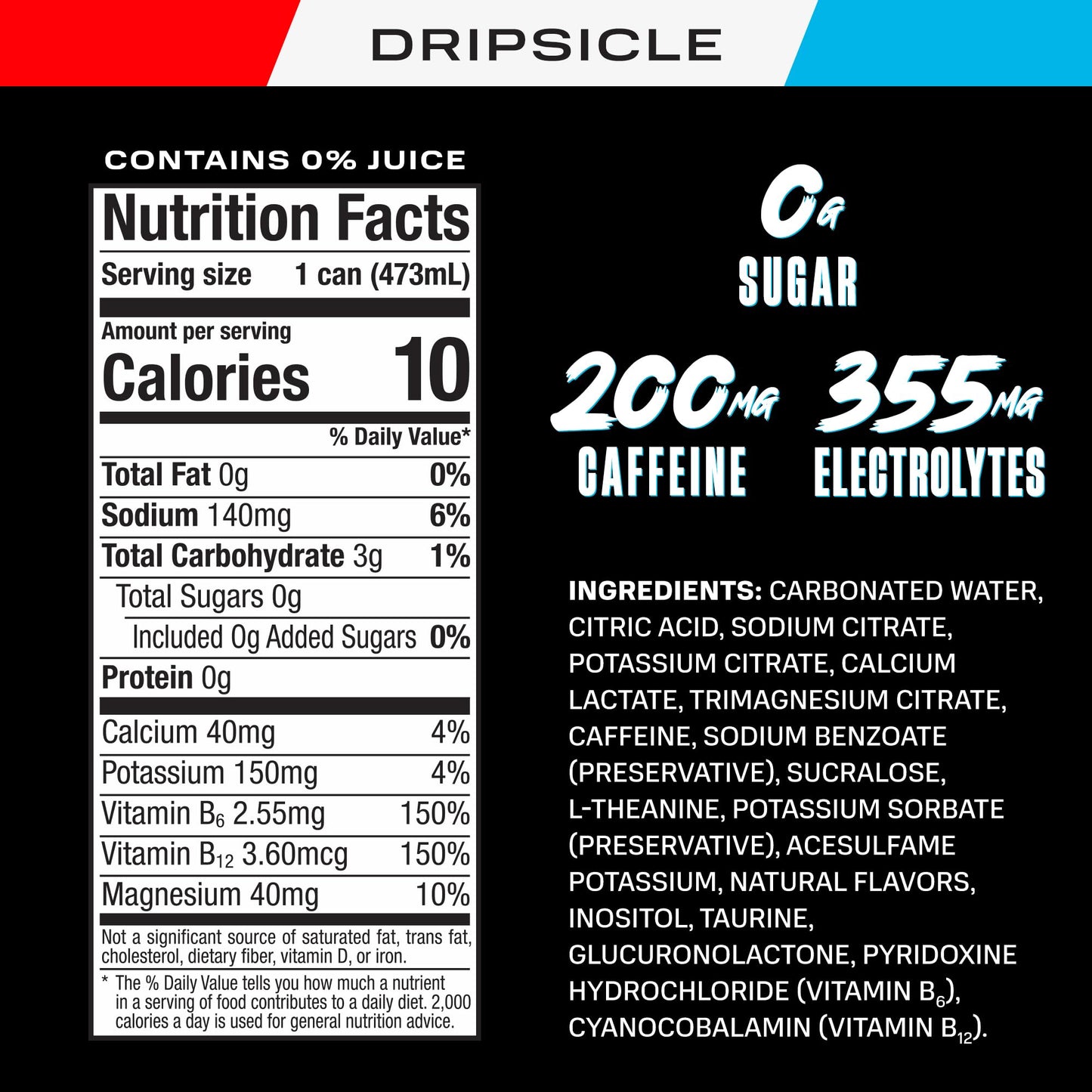 PRIME Energy DRIPSCICLE, Sugar Free Energy Drink, 200mg Caffeine and 355mg of Electrolytes for Hydration, Low Calorie, Vegan, Gluten Free, 16 Fluid Ounce Can