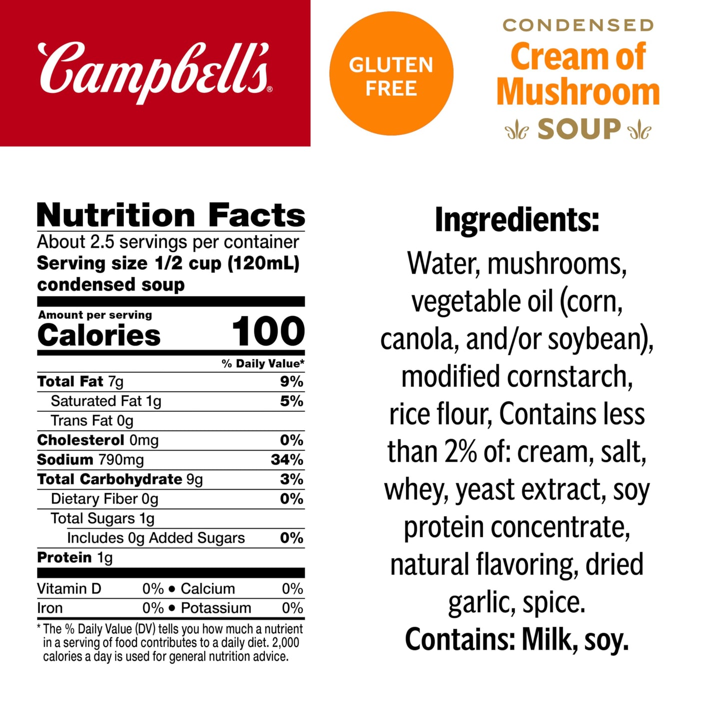 Campbell's Condensed Gluten Free Cream of Mushroom Soup, 10.5 oz Can (12 Pack)