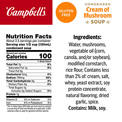 Campbell's Condensed Gluten Free Cream of Mushroom Soup, 10.5 oz Can (12 Pack)