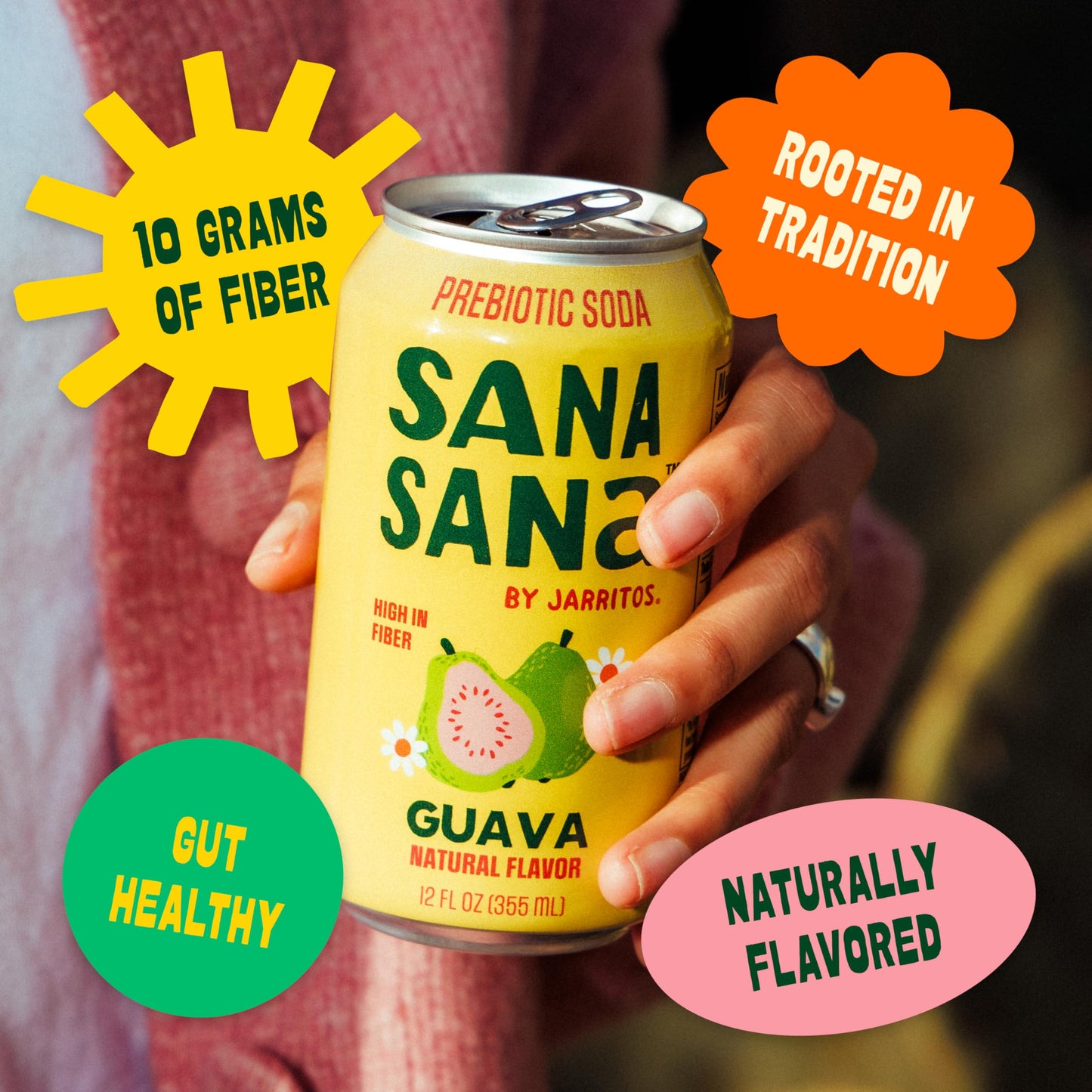 Sana Sana by Jarritos - Mexican Prebiotic Soda Soft Drinks, Mandarin (12 oz, 355ml) 12 Cans - 40 Calories, 10g of Fiber - Low Sugar - Natural Flavor Soda Pop
