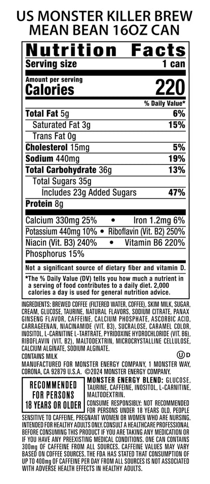 Monster Energy Killer Brew Mean Bean, 15 Fl Oz | Pack of 12