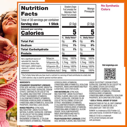 Dunkin’ Zero Sugar Refreshers Singles To Go! Powdered drink mix packets, 30 Ct Variety Pack, 30 Single serve Packets per Box (30 servings), Energy from Green Tea, aspartame-free, no synthetic colors, naturally and artificially flavored, just add water