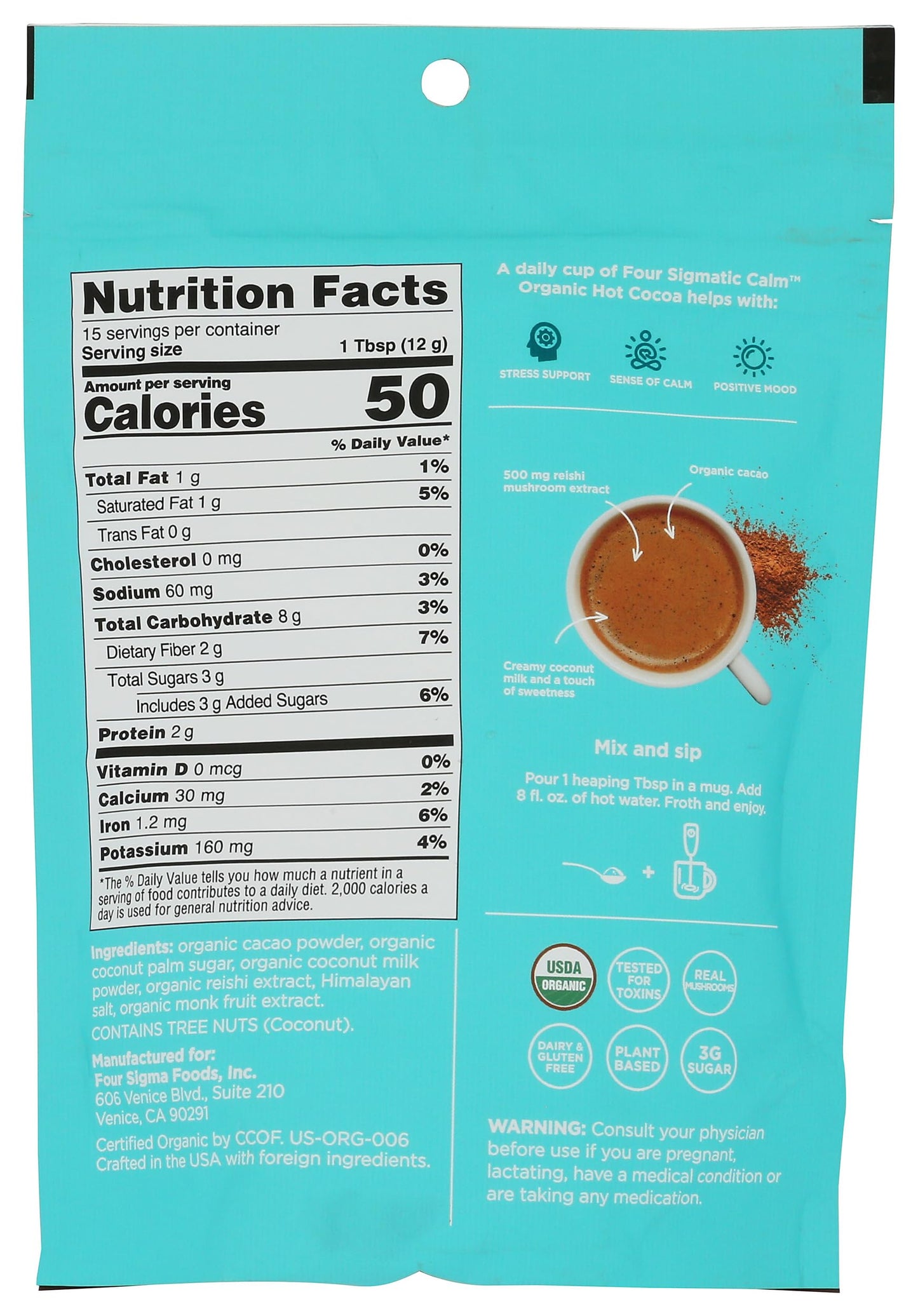 Four Sigmatic Organic Dark Hot Cocoa with Reishi Mushroom, Calm, Instant, Vegan, Dairy Free, 6.35 Ounces (Pack of 6)