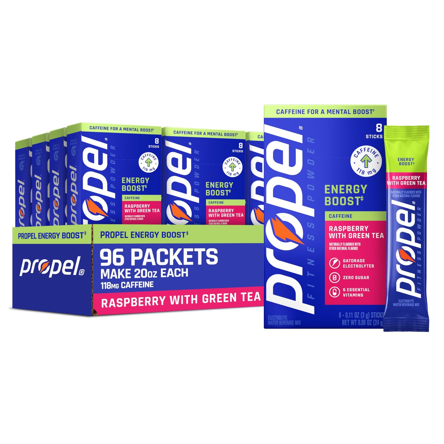 Propel Energy Boost Electrolyte Powder Drink Mix, Passionfruit Guava, (96 Servings), 118mg Caffeine, Zero Sugar, Gatorade Electrolytes, Vitamins, No Added Colors, No Artificial Flavors, Hydration