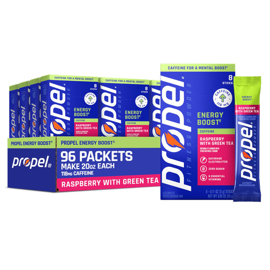 Propel Energy Boost Electrolyte Powder Drink Mix, Passionfruit Guava, (96 Servings), 118mg Caffeine, Zero Sugar, Gatorade Electrolytes, Vitamins, No Added Colors, No Artificial Flavors, Hydration