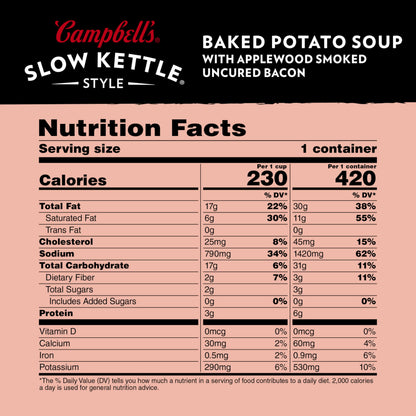 Campbell's Slow Kettle Style Baked Potato Soup with Applewood Smoked Uncured Bacon, 15.5 oz Microwavable Bowl