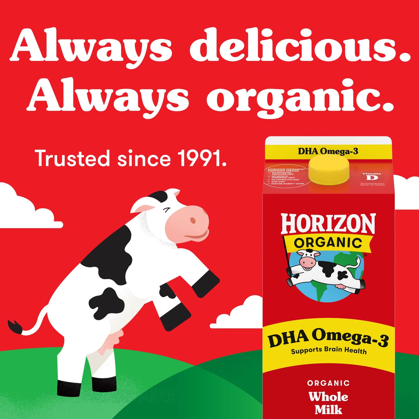 Horizon Organic DHA Omega-3 Milk, DHA Whole Milk, 64 fl oz Half Gallon Carton