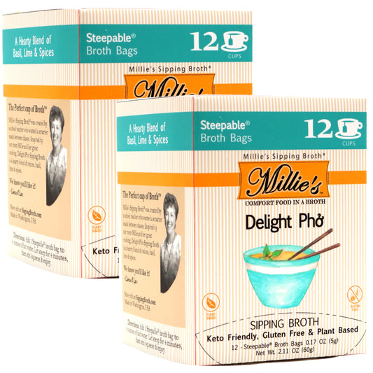 Millie's Sipping Broth - Vegetable Broth -Natural-Gluten Free-Keto Friendly Delight Pho 12 Count Box (2 Pack)