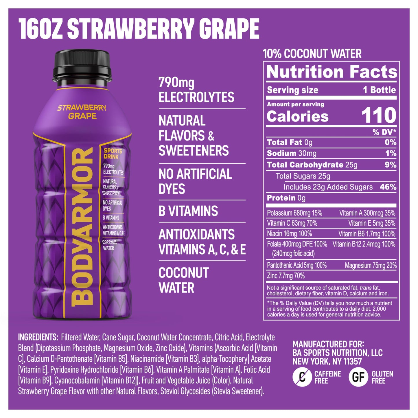 BODYARMOR Sports Drink, Strawberry Grape, Electrolyte Drink Hydration, 16 Fl Oz Bottles (12 Pack), Flavored Coconut Water with B Vitamins & Antioxidants