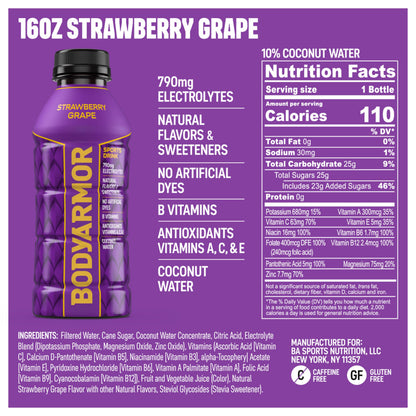 BODYARMOR Sports Drink, Strawberry Grape, Electrolyte Drink Hydration, 16 Fl Oz Bottles (12 Pack), Flavored Coconut Water with B Vitamins & Antioxidants