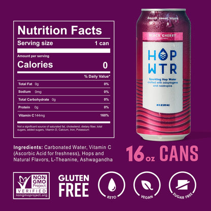 HOP WTR Sparkling Hop Water, Black Cherry 12 Pack, Sugar Free, Low Carb Non Alcoholic Drinks, NA Beer, Adaptogen Drink, No Calories, Adaptogens & Nootropics for Added Benefits, 16 oz Cans