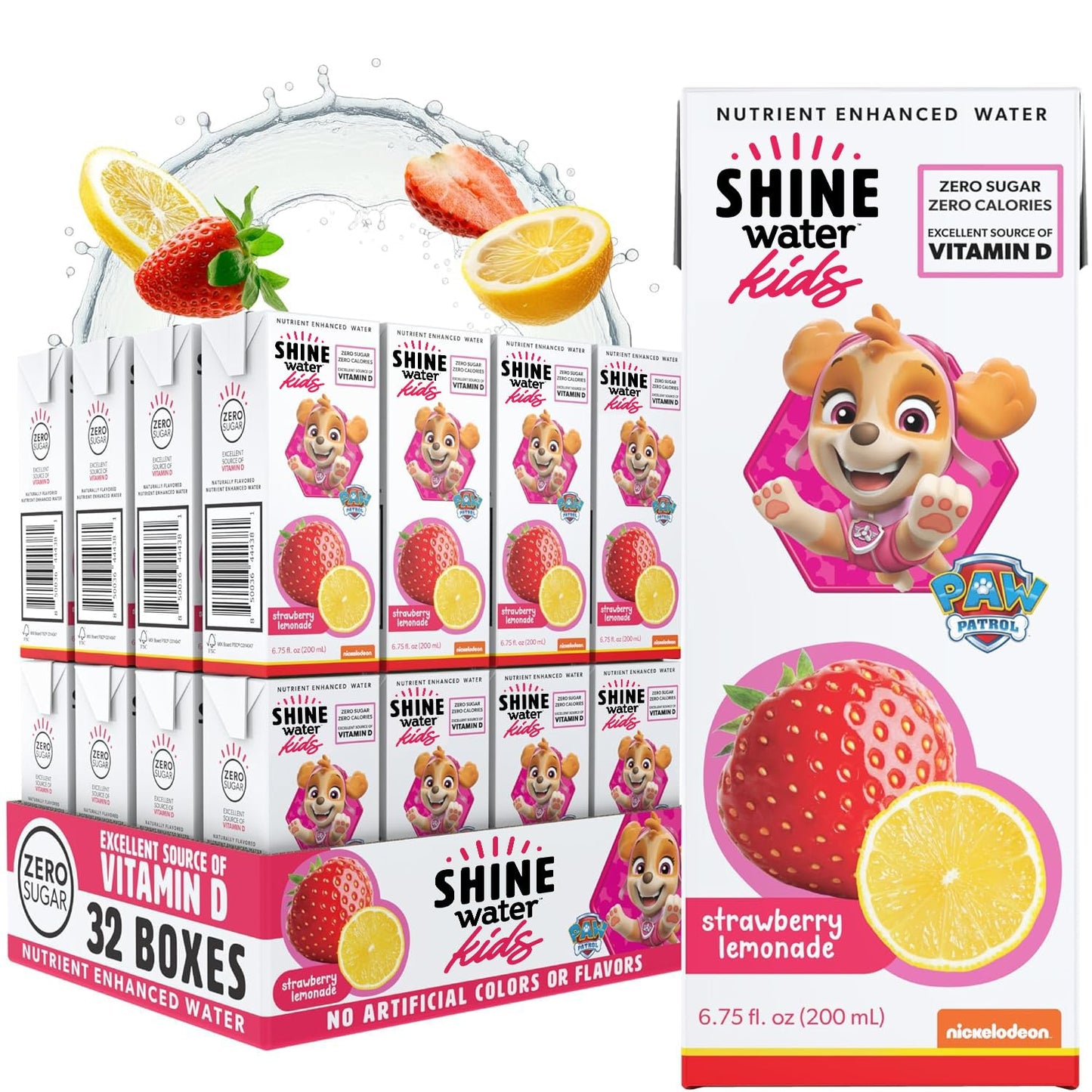 Shine Water x Paw Patrol Strawberry Lemonade Kids Juice Boxes with Vitamin D 32-Pack | No Added Sugar | Naturally Flavored Drinks for Kids | Vegan, Gluten Free, Zero Calorie Hydration