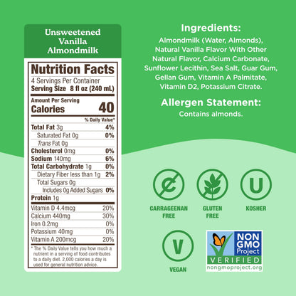 Califia Farms - Unsweetened Vanilla Almond Milk, 32 Oz (Pack of 6), Dairy Free, Vegan, Plant Based, Keto, Shelf Stable, Vegan, Gluten Free, Non GMO, Sugar Free, High Calcium, Smoothie