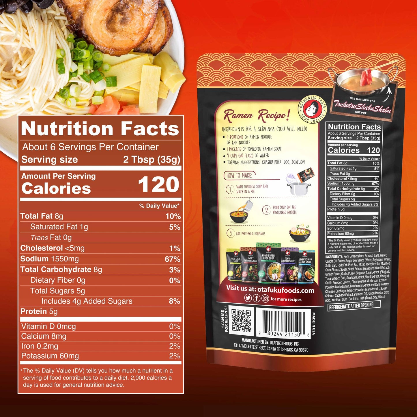 Otafuku Tonkotsu Ramen Shoyu Broth Concentrate, Rich Pork-Based Soup Mix for Authentic Japanese Ramen Noodles, 7.5oz (1 Pouch)