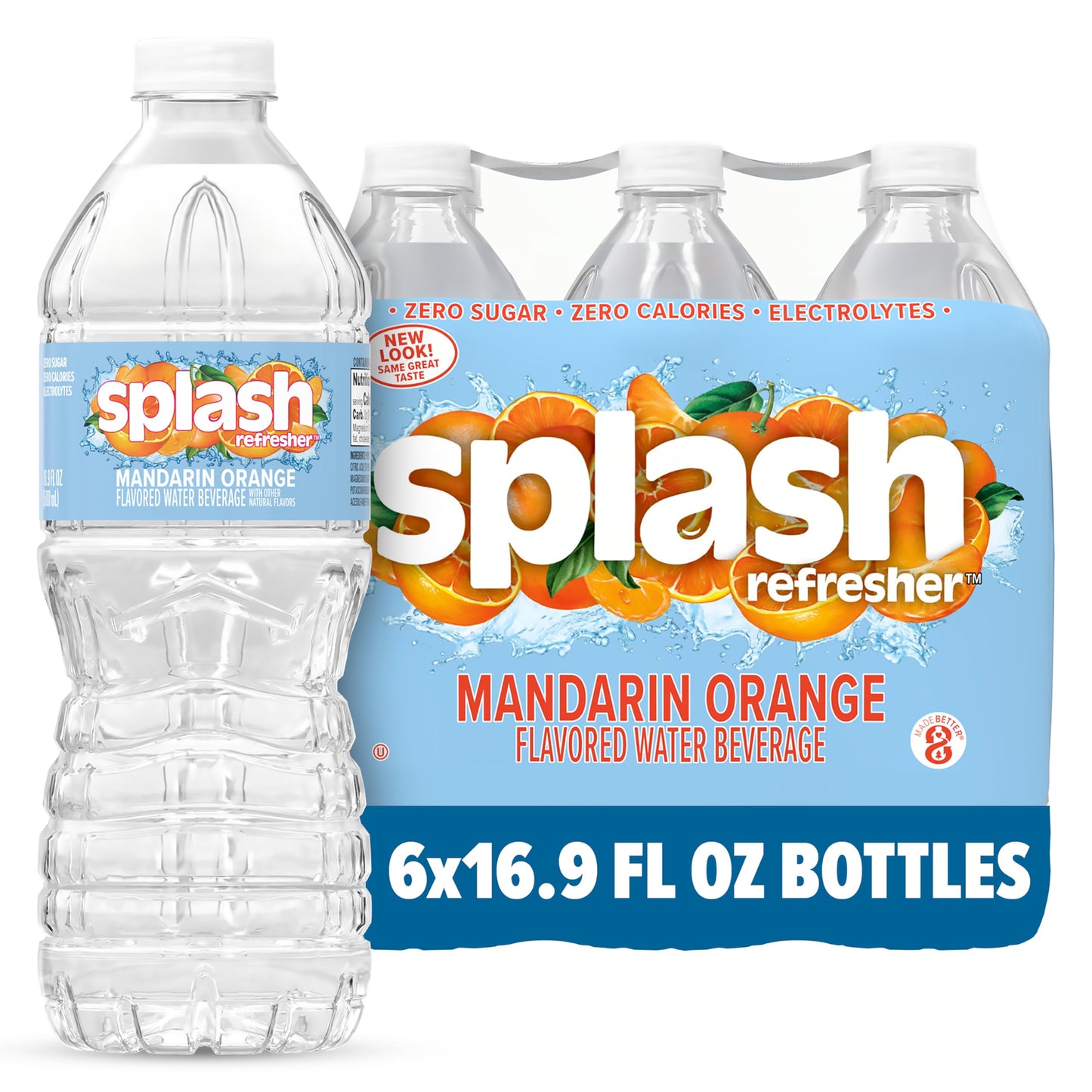 SPLASH REFRESHER Flavored Water Bottles, Mandarin Orange Flavor - 6-Pack, 16.9 Fl Oz - Refreshing Flavored Bottled Water with Electrolytes - Zero Sugar & Zero Calories