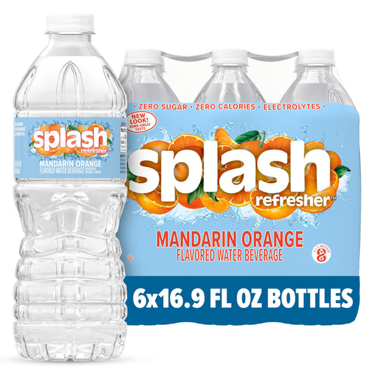 SPLASH REFRESHER Flavored Water Bottles, Mandarin Orange Flavor - 6-Pack, 16.9 Fl Oz - Refreshing Flavored Bottled Water with Electrolytes - Zero Sugar & Zero Calories