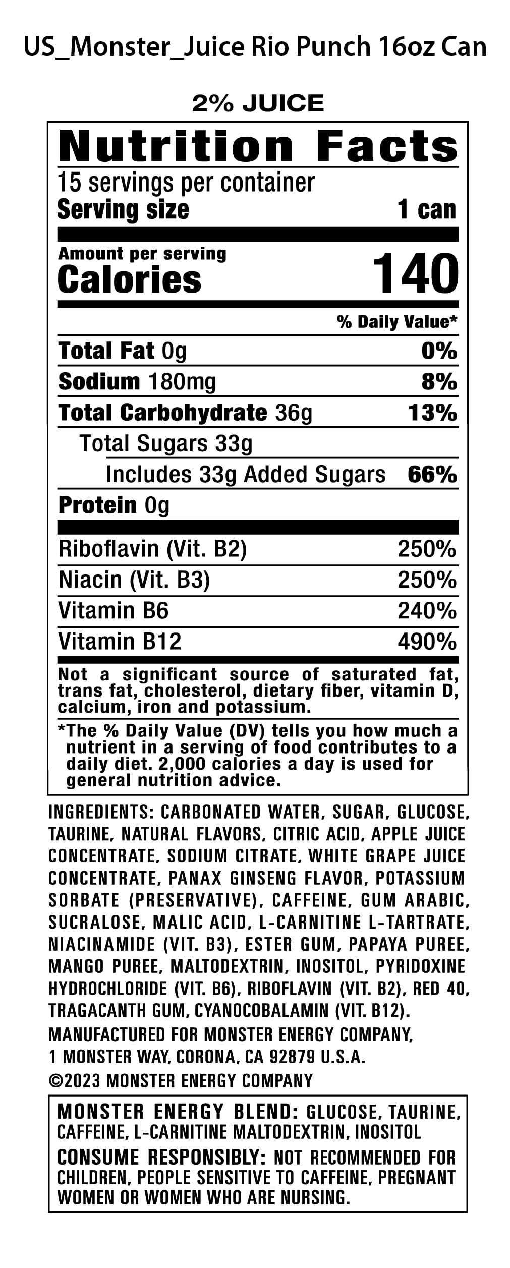 Monster Energy Juice Rio Punch, Energy Drink, 16 Ounce | Energy + Juice, Pack of 15