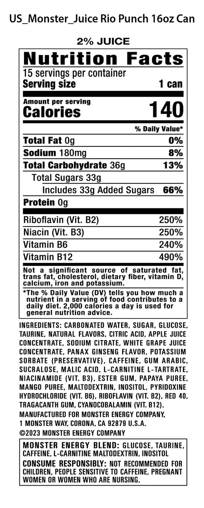 Monster Energy Juice Rio Punch, Energy Drink, 16 Ounce | Energy + Juice, Pack of 15
