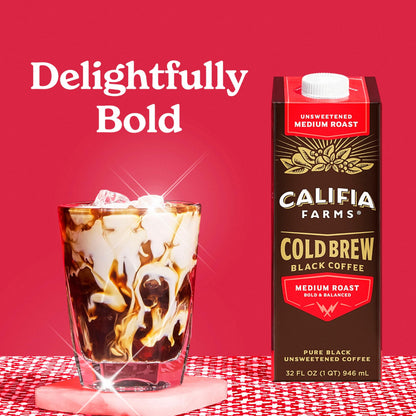 Califia Farms - Pure Black Medium Roast Cold Brew Coffee, 32 Oz (Pack of 6), 100% Arabica, Shelf Stable, Plant Based, Vegan, Gluten Free, Non GMO, Sugar Free, Iced Coffee