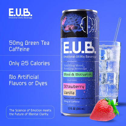 E.U.B. Strawberry Vanilla Sparkling Functional Beverage, 12oz Can, 50mg Caffeine, 25 Calories, with Nootropics & Adaptogens for Mood & Energy Support