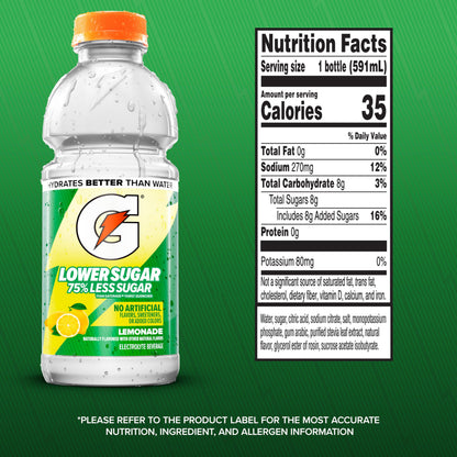 Gatorade Lower Sugar Electrolyte Sports Drink, Lemonade, 20 fl oz Bottles, (6 Pack), 75% Less Sugar, No Artificial Flavors, No Artificial Sweeteners, No Artificial Colors, Hydration