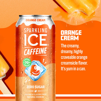 Sparkling Ice® Caffeine Soda Shoppe Orange Cream Perfectly Caffeinated® Sparkling Water with 70mg Caffeine, Zero Sugar, with Antioxidants and Vitamins, 16 fl oz Cans (Pack Of 12)