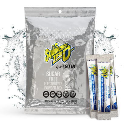 Sqwincher Zero Qwik Stik, Cool Citrus, Sugar Free, Low Calorie, Low Sodium Electrolyte Powder Hydration Drink Mix, .11 0z Packet (Pack of 50)