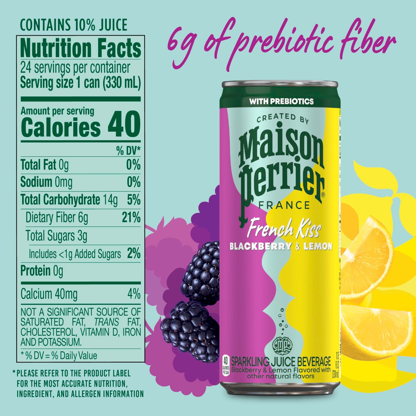 Maison Perrier French Kiss Sweetened Sparkling Juice Beverage, Blackberry & Lemon Flavors With Real Fruit Juices, 24Pk