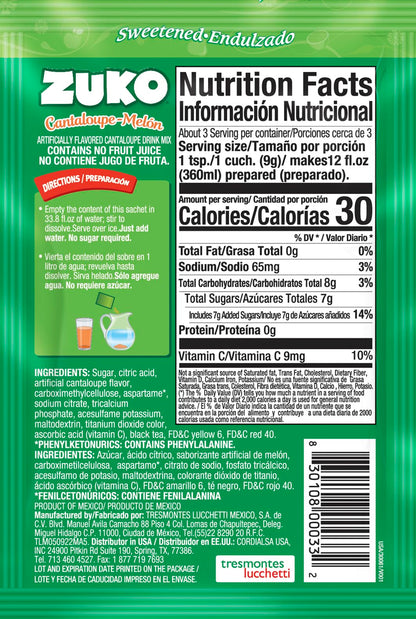 Zuko Cantaloupe Powdered Drink Mix, No Added Sugar Needed, 48 Ct Individual Packets
