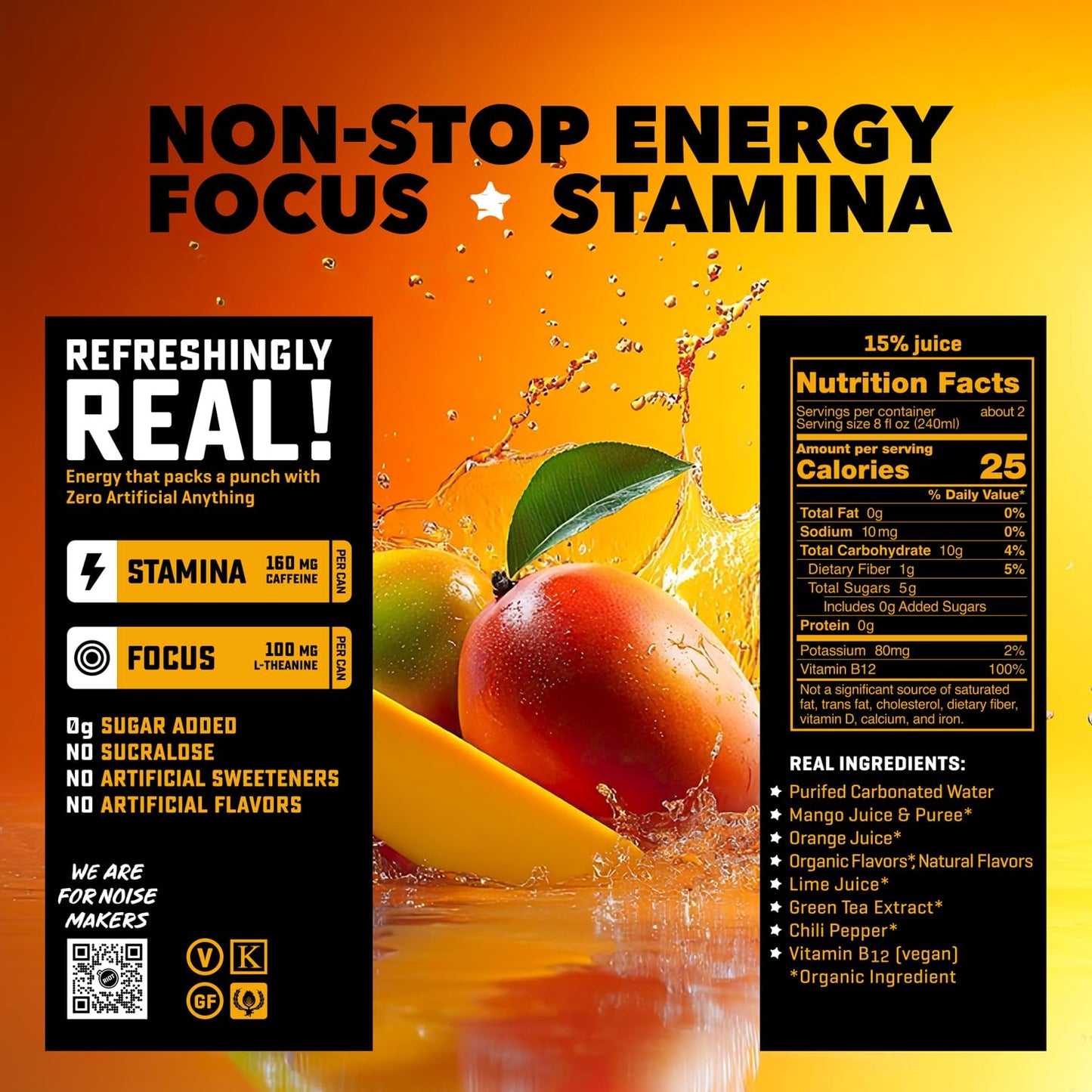 RIOT Clean Energy Drink, Mango, Organic, No Sugar Added, Made with Real Fruit, 100mg L-Theanine, 16 fl oz