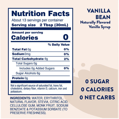 Jordan's Skinny Mixes Sugar Free Coffee Syrup, Vanilla Bean Coffee Flavoring Syrup, Naturally Sweetened Zero Calorie Drink Mix, Lattes, Baking, Protein Shake, Cocktail, Dairy & Gluten Free, 12.7 Fl Oz