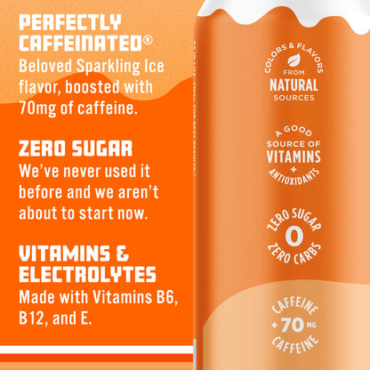 Sparkling Ice® Caffeine Soda Shoppe Orange Cream Perfectly Caffeinated® Sparkling Water with 70mg Caffeine, Zero Sugar, with Antioxidants and Vitamins, 16 fl oz Cans (Pack Of 12)