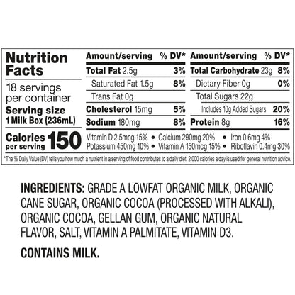 Horizon Organic Shelf Stable 1% Lowfat Chocolate Milk Boxes, 8 fl oz, 18 Count - 8g Protein per Serving, USDA Organic UHT from Pasture-Raised Cows, Ready to Drink for Lunchbox, Travel, or On-the-Go, No Refrigeration Needed