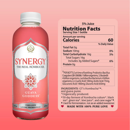 SYNERGY The Real Kombucha - Guava Goddess - 16 fl oz Bottle - Raw Probiotic Drink for Gut Health and Immune Support