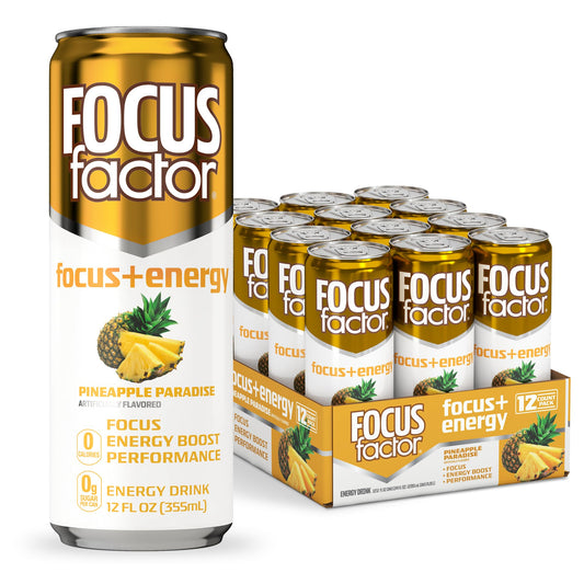 Focus Factor Energy Drink - 12 x 355ml Cans (Pineapple Paradise Flavor) - with Focus + Energy - Lightly Carbonated, Sugar Free, Low Calorie with Vitamin B6 & Vitamin B12