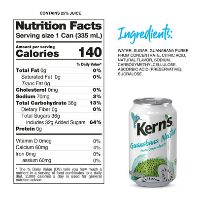 Kern’s Soursop Juice Nectar - Made with Guanabana Fruit Puree - Guanabana Juice Concentrate for Tropical Fruit Smoothie Mix, Cocktail Mixers & Kids Drinks & Beverages - 11.3oz, 24 Pack Canned Drinks