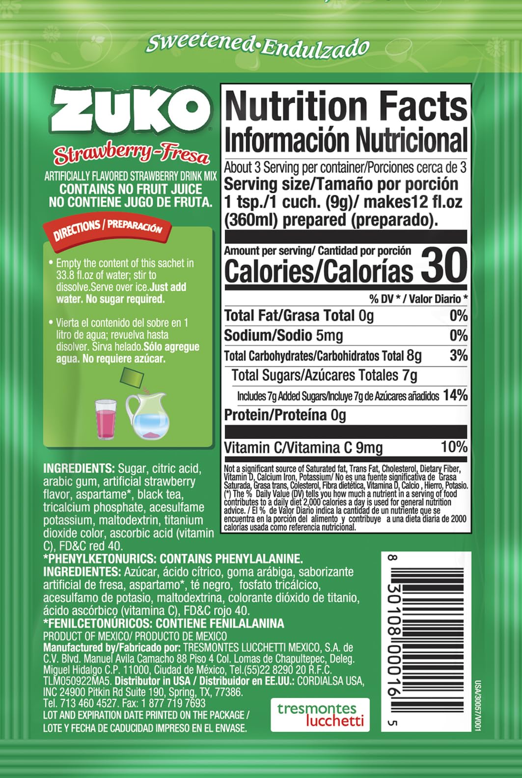 Zuko Strawberry, On the Go Powder Drink Mix, 2 Packs of 24 single Servings (0.9 oz each) - 48 Total