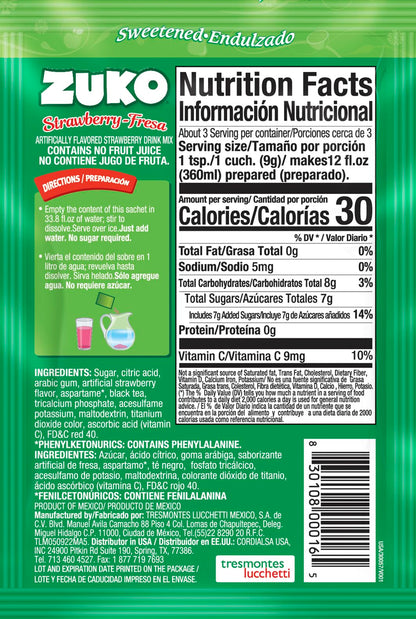 Zuko Strawberry, On the Go Powder Drink Mix, 2 Packs of 24 single Servings (0.9 oz each) - 48 Total