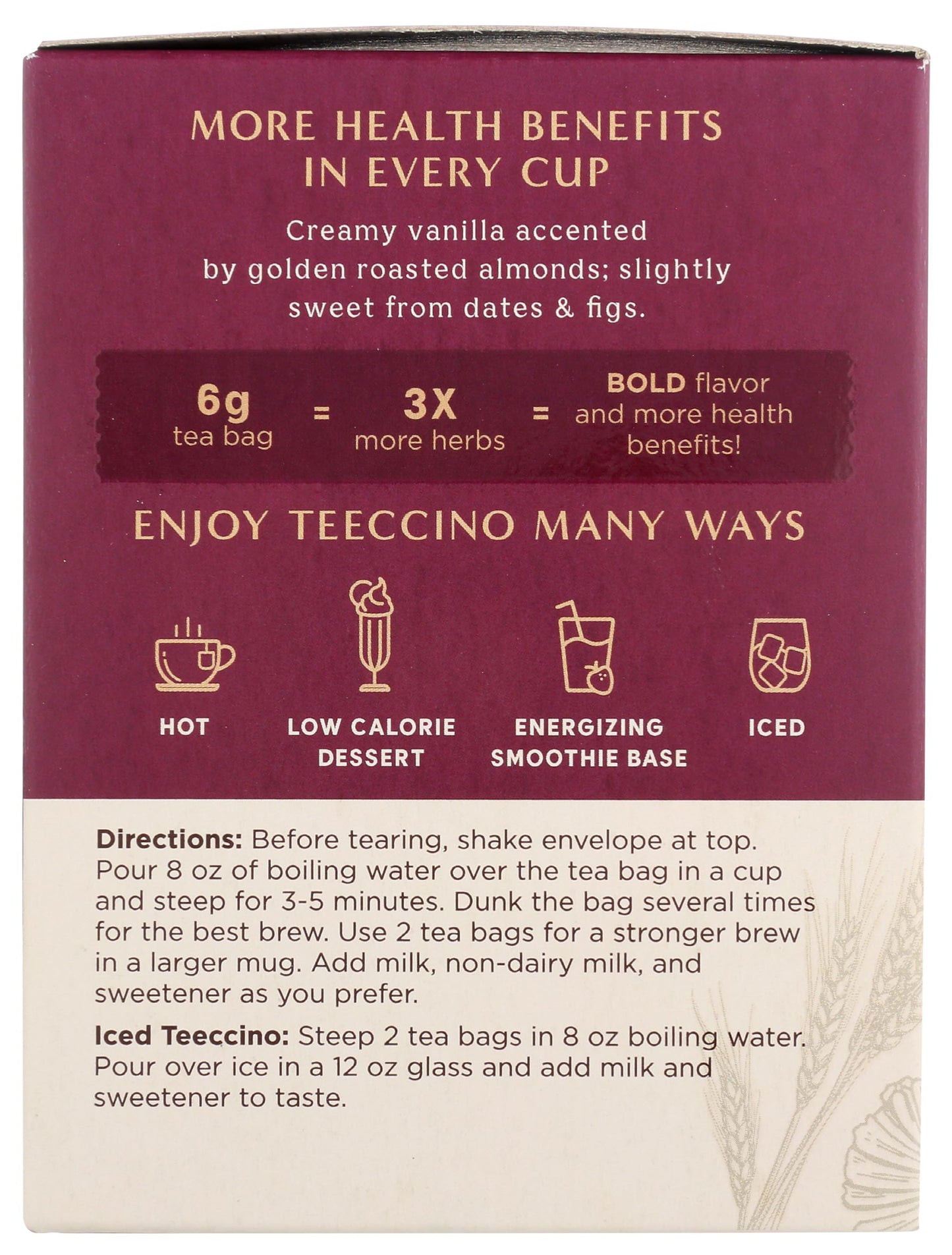 Teeccino Vanilla Nut Herbal Tea - Rich & Roasted Herbal Tea That’s Caffeine Free & Prebiotic For Natural Energy, 10 Tea Bags
