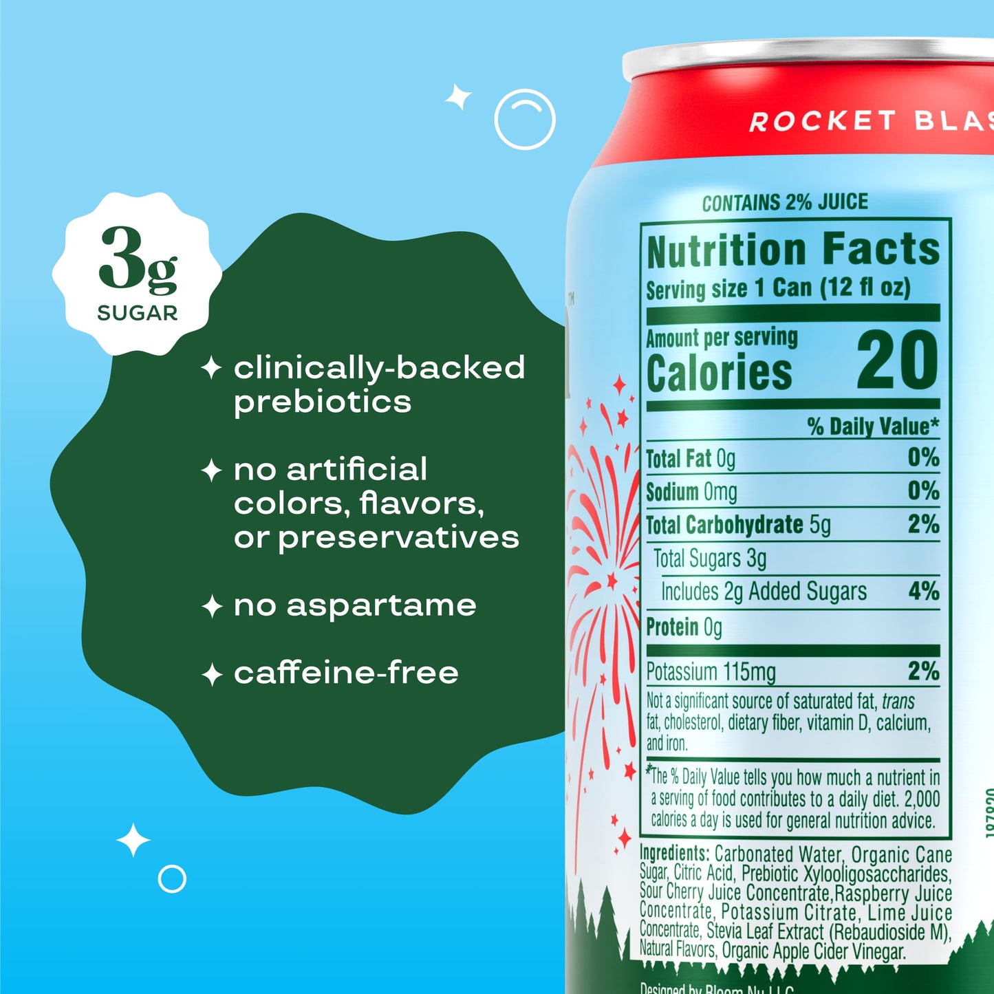 Bloom Pop Prebiotic Soda 12 Pack, Rocket Blast, 12oz Cans | Prebiotic Soda for Gut Health, Low Calorie Soda, No Caffeine, Healthy Soft Drink Alternative