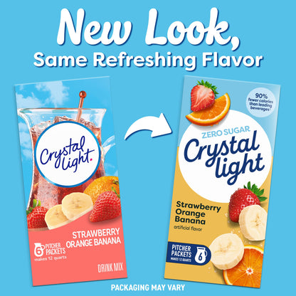 Crystal Light Drink Mix, 6 Pitcher Packets, for Flavorful Hydration and Shareable Refreshment, Strawberry Orange Banana artificial flavor, Zero Sugar, Low Calorie, 2.4 oz