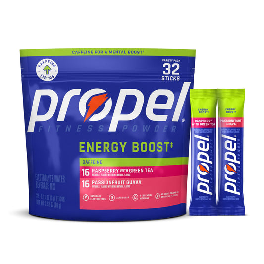 Propel Energy Boost Electrolyte Powder Drink Mix, Variety Pack, (32 Servings), 118mg Caffeine, Zero Sugar, Gatorade Electrolytes, Vitamins, No Added Colors, No Artificial Flavors, Hydration
