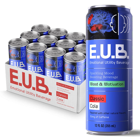 E.U.B. Classic Cola Sparkling Functional Beverage, 12oz Can, 50mg Caffeine, 25 Calories, with Nootropics & Adaptogens for Mood & Energy Support