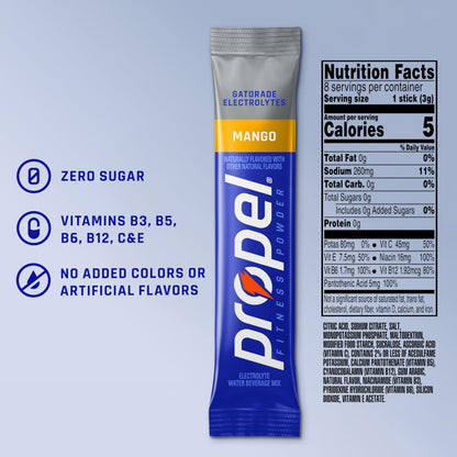 Propel Electrolyte Powder Drink Mix, Mango, (32 Servings), Zero Sugar, Enhanced Water Beverage, Gatorade Electrolytes, Vitamins, No Added Colors, No Artificial Flavors, Hydration