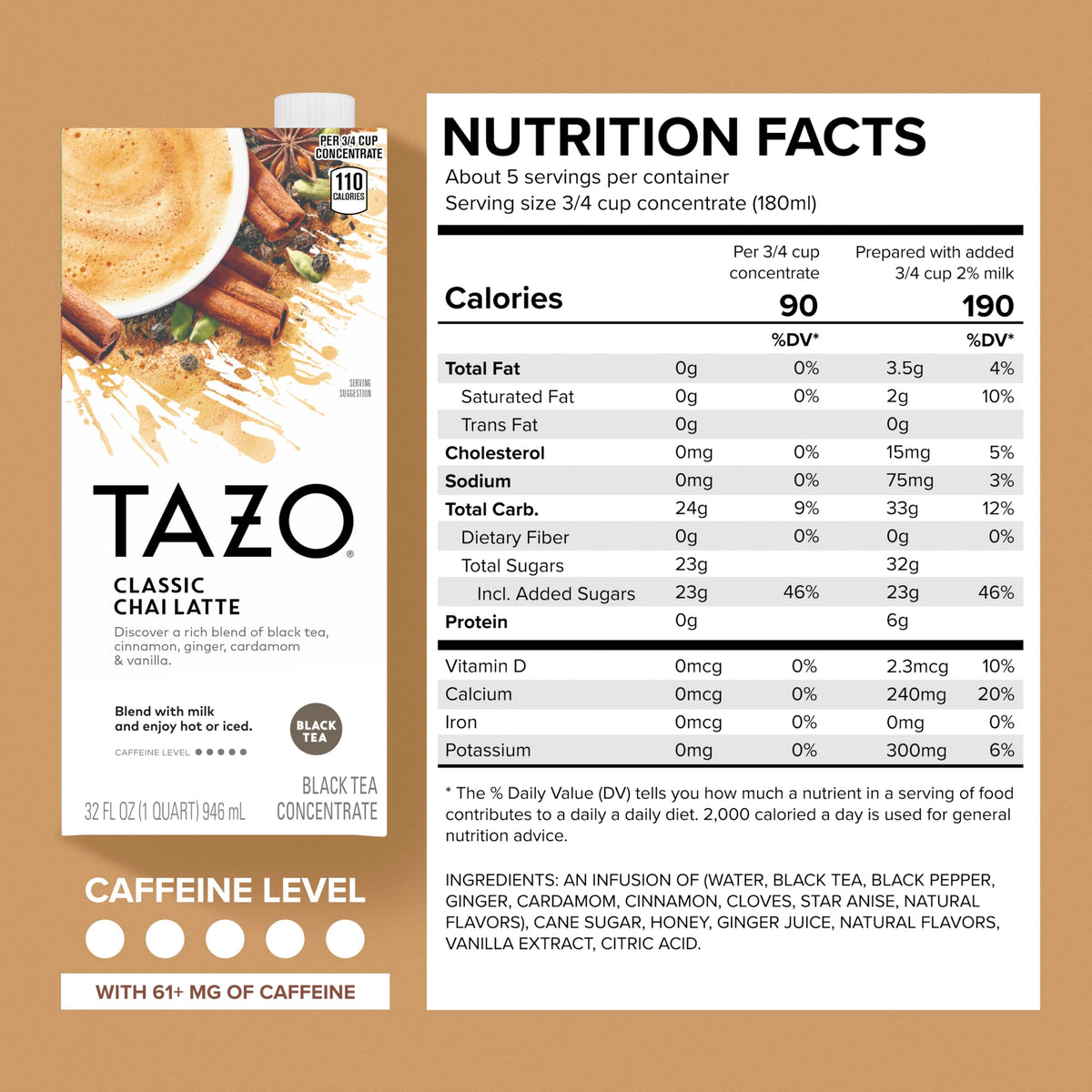 TAZO Classic Chai Latte, Black Tea Concentrate, Easy-to-Serve Caffeinated Chai Tea for Everyday Lattes, Mocktails and Hot or Iced, 32 oz Carton