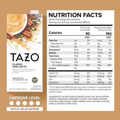 TAZO Classic Chai Latte, Black Tea Concentrate, Easy-to-Serve Caffeinated Chai Tea for Everyday Lattes, Mocktails and Hot or Iced, 32 oz Carton