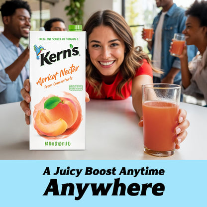 Kern’s Apricot Nectar Juice - Made with Fresh Fruit Puree & Apricot Juice Concentrate for Smoothie Mix, Cocktail Mixers, Kids Drink & Beverages - 64oz, 8 Pack Carton