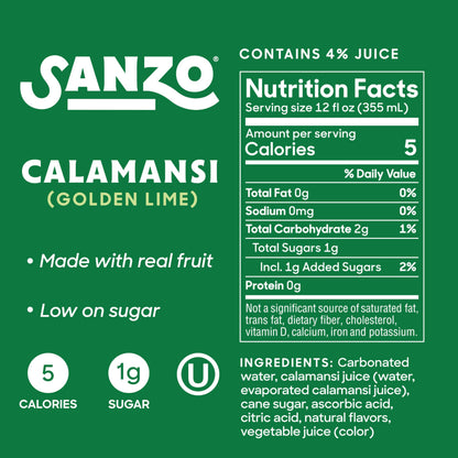 Sanzo Flavored Sparkling Water - Golden Lime Seltzer (Calamansi) - Low Calorie Low Sugar - Craft Asian Drinks - Vegan Gluten Free Carbonated Flavored Water - Fizzy Healthy Drinks - 12oz, 6 Pack