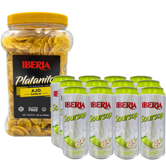 Iberia Soursop Juice Drink, 16.57 Fl Oz (Pack of 12) + Iberia Garlic Plantain Chips, 20 Oz.