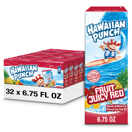 Hawaiian Punch Fruit Juicy Red Juice Drink, 6.75 fl oz boxes, 32 Count (4 Packs of 8), Ready-to-drink, On-the-go, Caffeine-free, Carbonation-free, Gluten-free, Excellent Source of Vitamin C